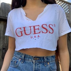 White and Maroon Guess Distressed Crop Top